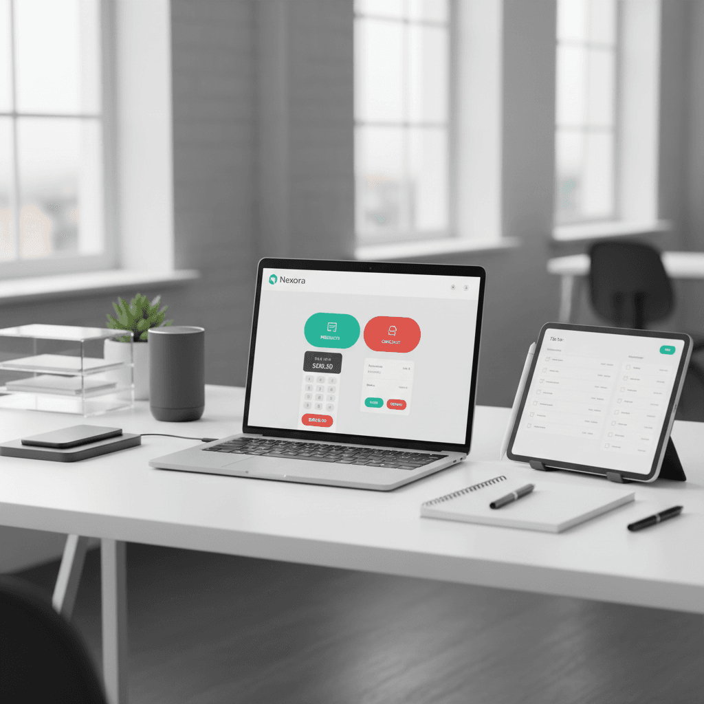 Modern developer workspace with laptop showing POS app in a sleek office