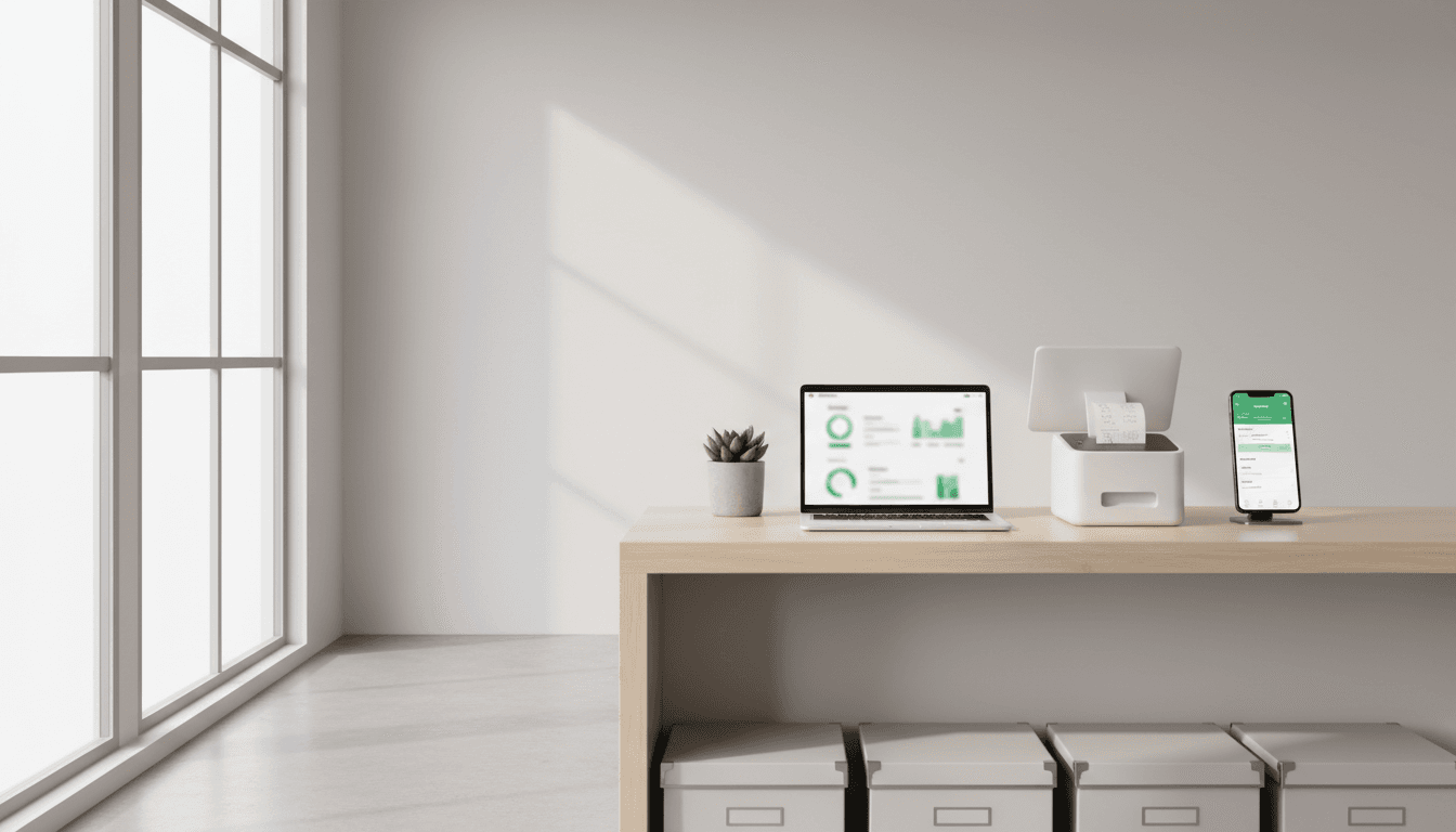 Bright modern workspace with laptop, POS terminal, and smartphone showing business tools