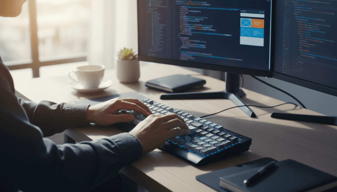 Developer workspace with multiple monitors showing website and dashboard interfaces