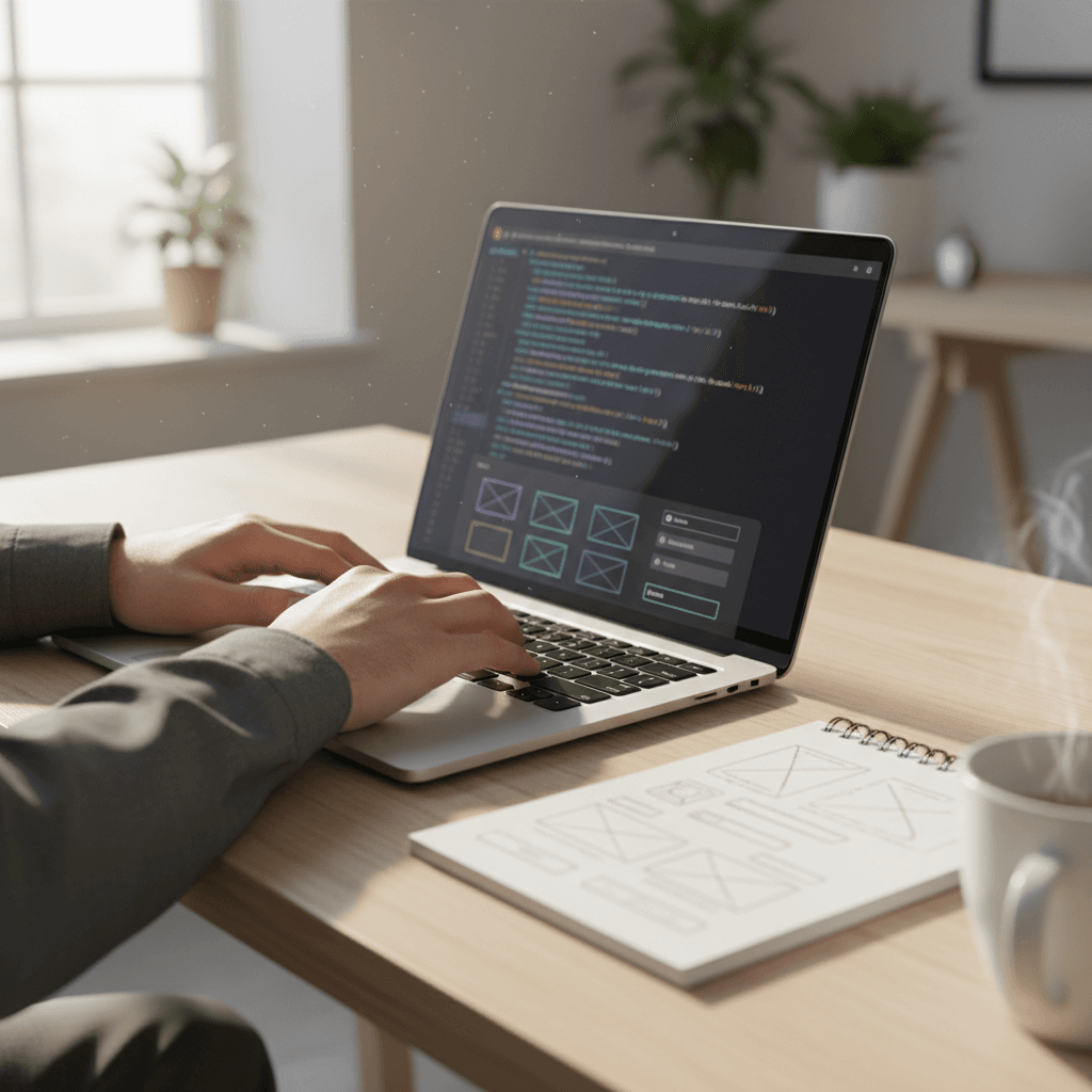 Developer workspace with laptop, smartphone, and notebook on a minimalist desk