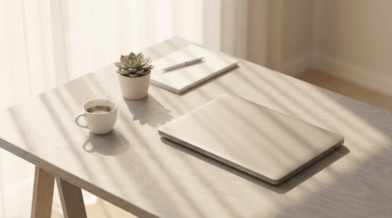Modern workspace with laptop showing a clean digital dashboard interface in soft daylight