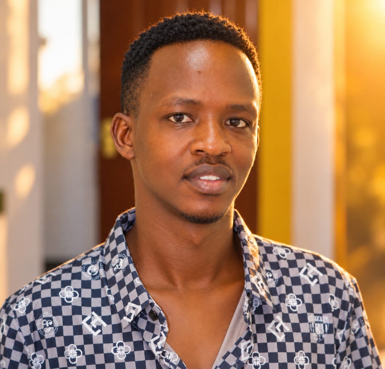 Smiling young Black man with short hair wearing a blue and white patterned checkered shirt.